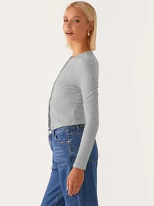 Professional side view of grey slim-fit ribbed cardigan with button closure for women