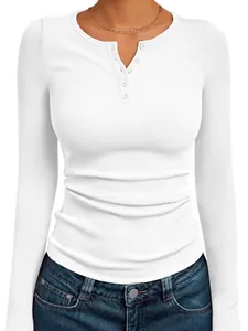 Detail view of women's white rib-knit long-sleeve Henley shirt featuring button neck