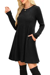 Detailed view of black ribbed long sleeve dress with pockets and soft brushed fabric