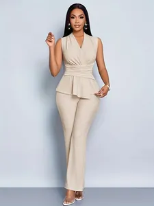 Elegant beige two-piece set with V-neck sleeveless pleated top and wide-leg trousers