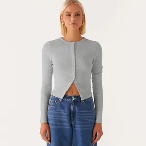 Elegant slim fit grey ribbed long sleeve button-up cropped cardigan top for women
