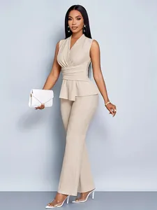 Elegant beige two-piece set featuring a sleeveless V-neck top and matching wide-leg pants