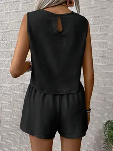 Chic solid black sleeveless top and matching shorts set shown from the back view