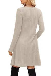 Back view of women's long sleeve beige rib-knit dress with cozy crew neck design.