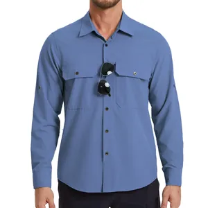 Camisa táctica de secado rápido azul para hombre con bolsillos dobles y detalles de pecho.