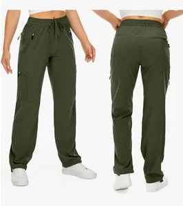 Schnelltrocknende Damen-Wanderhose in Olivgrün mit Vorder- und Rückansicht und Taschen