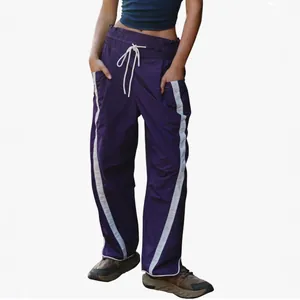 Stylish Y2K high waist drawstring purple sweatpants with white side stripes and straight leg fit