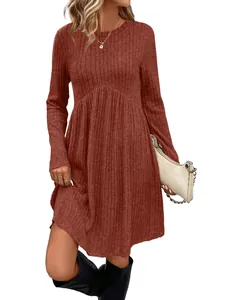 Detail view of the rust red ribbed long sleeve round neck casual dress for women