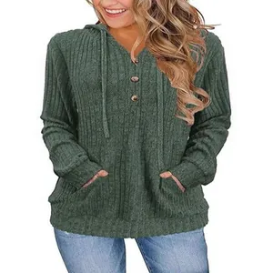 Pull à capuche décontracté à manches longues en tricot côtelé vert foncé pour femme