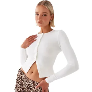 Chic women's white ribbed long sleeve slim fit short button cardigan top fashion