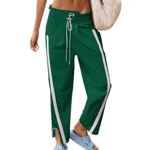 Dark green Y2K high waist drawstring sweatpants with side stripes and slit hem