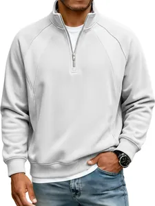 Men's half-zip sweatshirt detail showing stand collar and raglan sleeve design