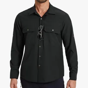 Camisa táctica negra de secado rápido para exteriores para hombre con dos bolsillos de senderismo