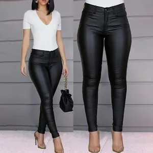 Detail view showing the slim fit and shiny texture of black high-waisted PU leather pants.