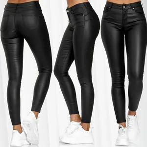 Detailed multi-angle views of women's black high-waisted shiny PU leather skinny leggings.