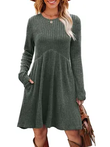 Bohemian long sleeve ribbed dress in solid dark grey with round neck and pockets