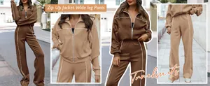 Ensemble de survêtement pour femmes avec veste zippée et pantalon large à passepoil blanc.