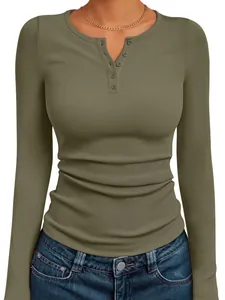 Close-up of women's ribbed long sleeve henley top with button detail in olive green