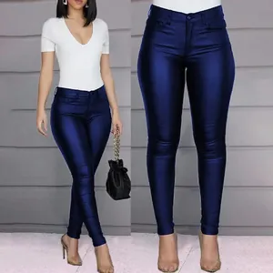 Detailed view of shiny blue metallic high-waist skinny PU leather pants