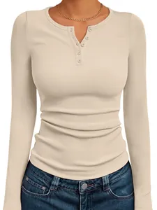 Slim fit beige ribbed knit long-sleeve top with button henley neckline for women