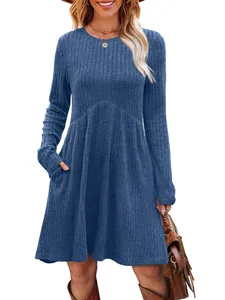 Stylish women's blue round neck long sleeve ribbed knit A-line dress with side pockets