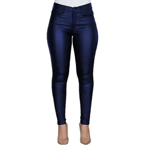 Women's high-waisted shiny blue PU leather slim fit leggings for a metallic look.