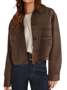Women's Autumn Winter Short Faux Suede Jacket Fashion Casual Lapel Long Sleeve Single Breasted Coat with Pockets Solid Color Top
