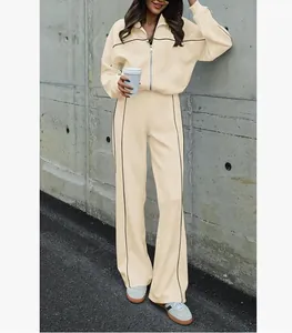 Ensemble de survêtement beige 2 pièces pour femme avec veste zippée et pantalon large