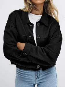 Elegant black faux suede short jacket for women, casual autumn fashion outerwear