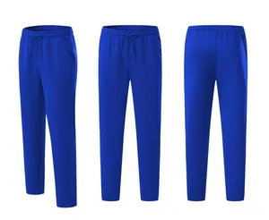 Detailed views of solid blue athletic sweatpants showing front, back, and side angles.