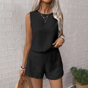Casual women's black two-piece set featuring sleeveless round neck top and shorts