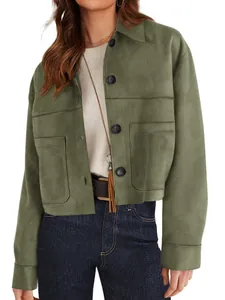 Stylish women's olive green faux suede cropped jacket with large pockets and buttons