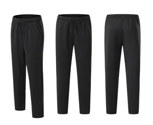 Macro view of black straight-leg sports sweatpants showing front, side and back