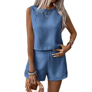 Simple women's solid blue sleeveless top and shorts casual two-piece summer set.