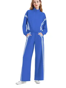 Chándal Casual para Mujer Rayas en Contraste Cremallera Cuello Alto Top Y Pantalones de Pierna Ancha Conjunto de Dos Piezas para Viaje Deporte Jogging