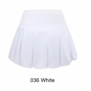 Front view of a white pleated children's sports tennis skort with functional athletic fabric