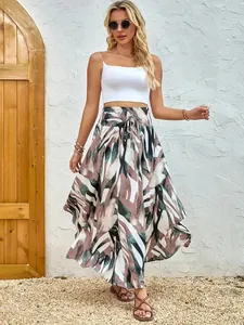 Böhmischer Blumen-Midirock mit geraffter hoher Taille, ideal für den Sommer-Strandurlaub