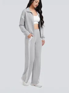 Chándal de dos piezas gris para mujer con rayas blancas chaqueta con cremallera