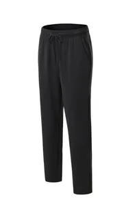 Close-up detail view of solid black straight-leg athletic sweatpants with drawstring.