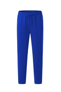 Close-up of blue straight-leg sports sweatpants with adjustable drawstring waistband