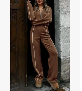 Survêtement 2 pièces pour femme marron avec liseré blanc, sweat à fermeture éclair