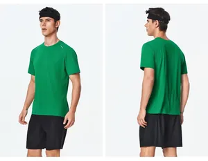 Front and back view of a men's green quick-dry crew neck sports t-shirt for fitness