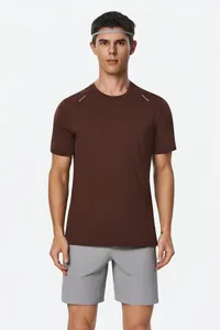Front view of men's dark brown quick-dry running T-shirt with round neck and athletic shorts.
