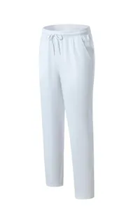 Detailed macro view of white straight-leg sports joggers with elastic drawstring waist