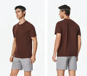 Front and back view of a men's quick-dry brown athletic T-shirt perfect for running fitness