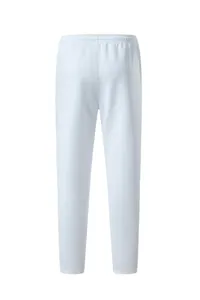 Detail view showing the back profile of white straight-leg sports pants for outdoor fitness