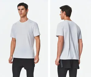 Front and back views of a men's light gray quick-dry sports T-shirt with crew neck