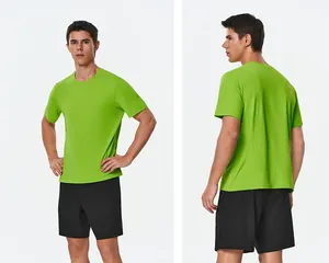 Front and back detail of lime green men's quick-dry short-sleeved athletic T-shirt