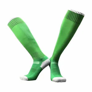 Macro detail of green professional soccer socks featuring a thickened breathable knit texture.