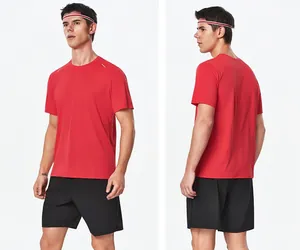 Men's red quick-dry sports T-shirt shown from front and side angles in a studio environment.
